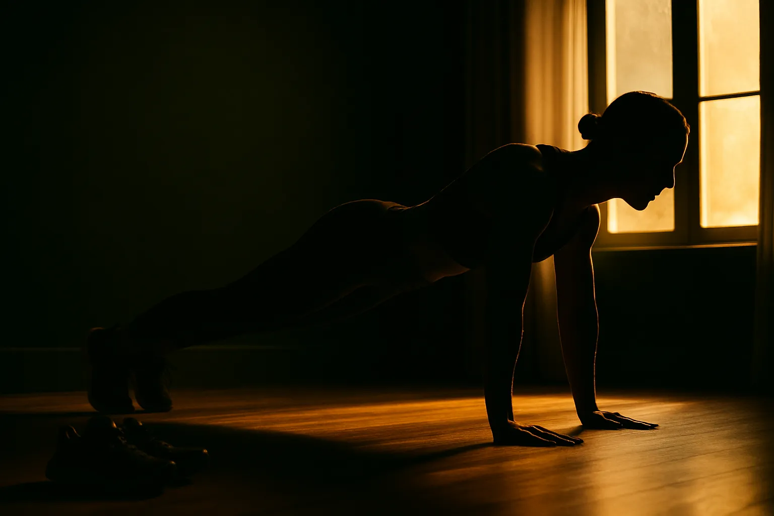 A person holding a strong plank position on a wooden floor in warm afternoon light