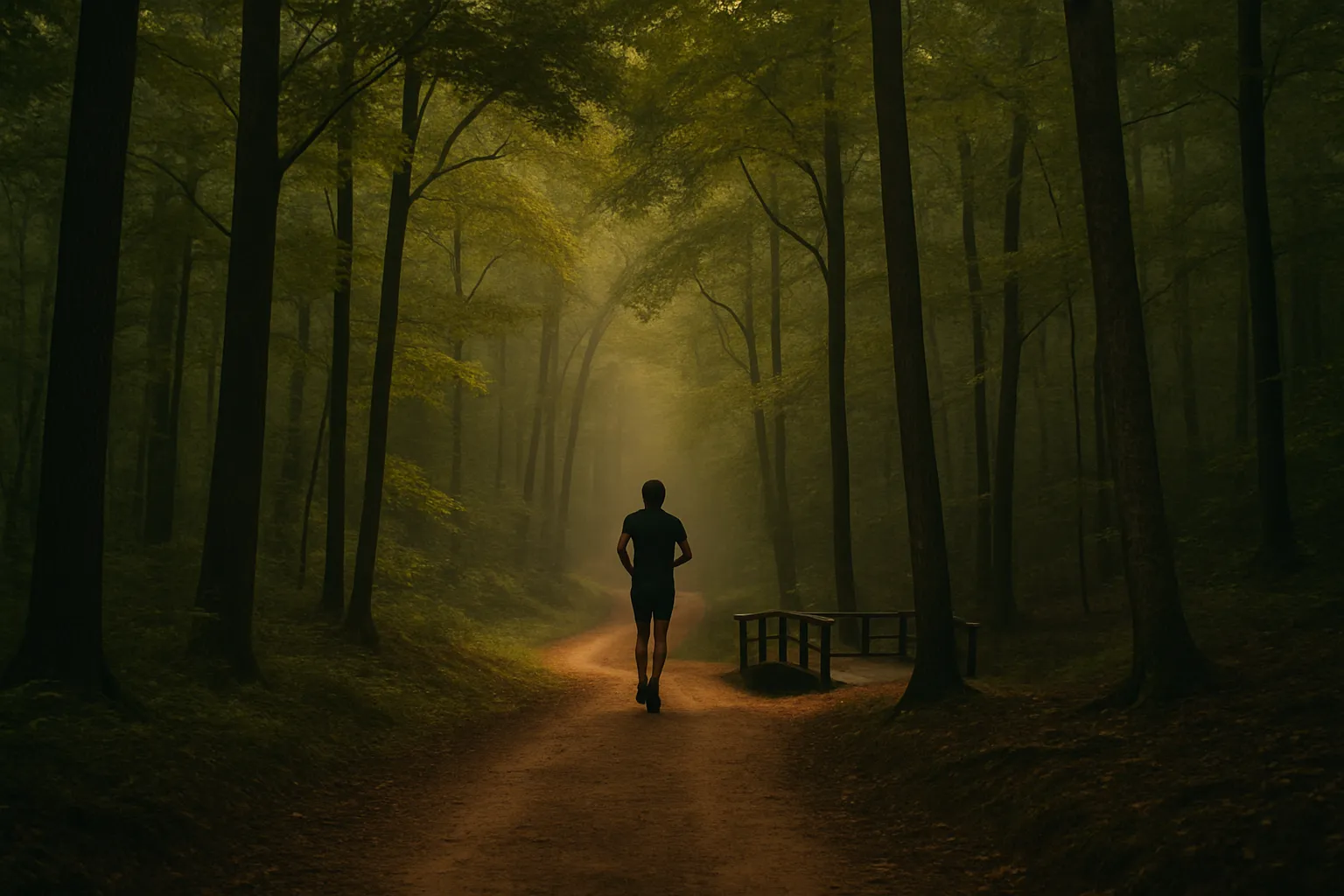 A lone runner on a misty trail through a North Carolina hardwood forest